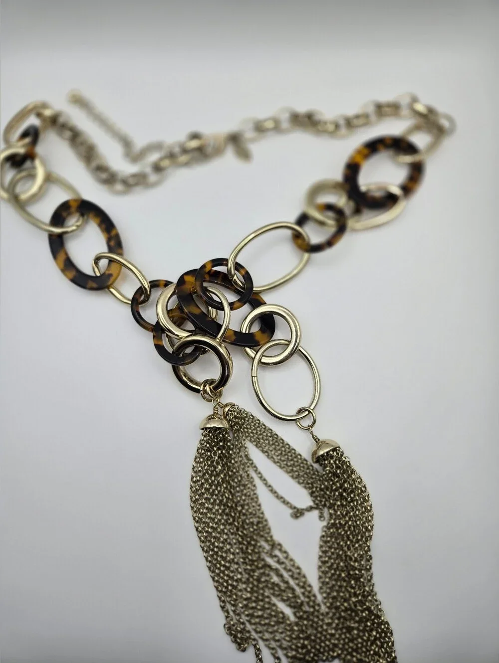 Chico's Long Tortoiseshell Gold Chain-Link Necklace Gold Tassels Bold Statement